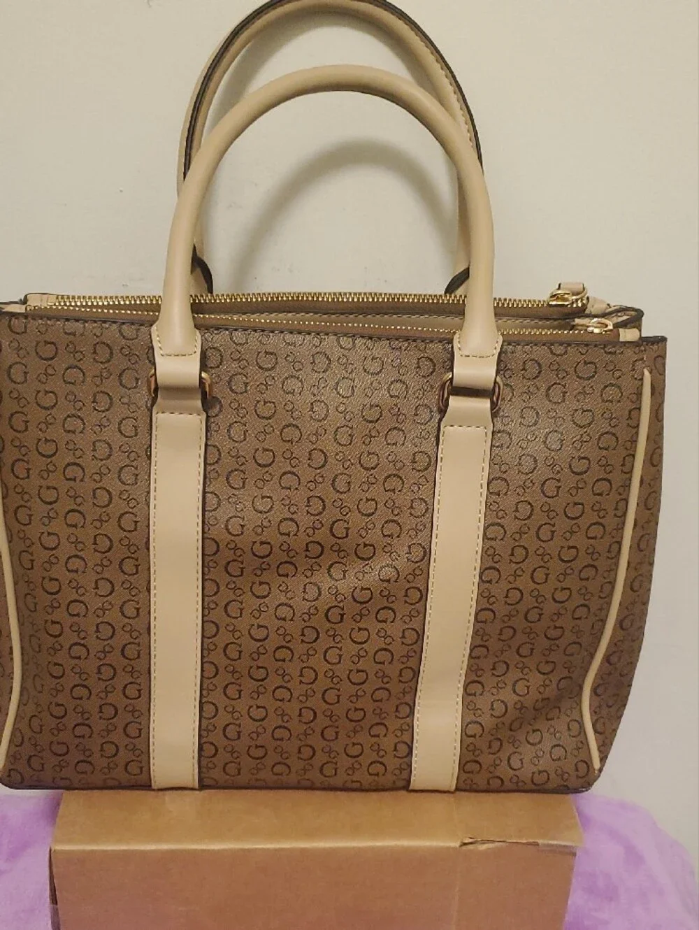 GUESS Brown Monogram Satchel with Cream Trim and Gold Hardware